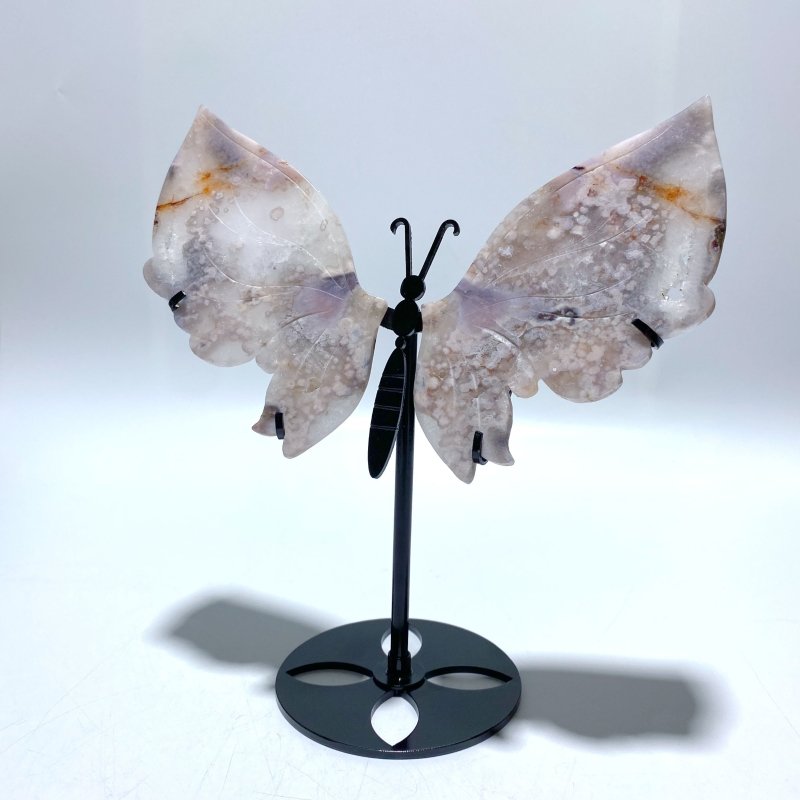 Unique Sakura Flower Agate Butterfly Wing Carving With Stand - Wholesale Crystals