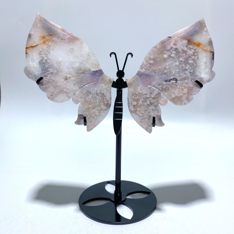 Unique Sakura Flower Agate Butterfly Wing Carving With Stand - Wholesale Crystals