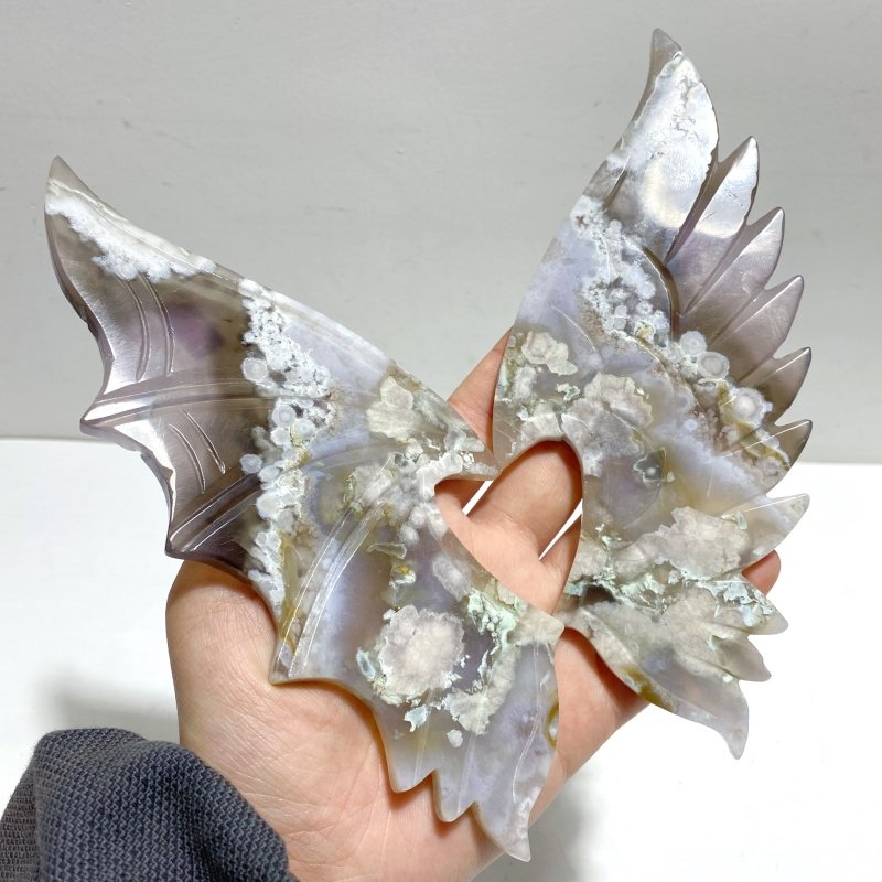 Unique Sakura Flower Agate Demon and Angel Wing Carving With Stand - Wholesale Crystals