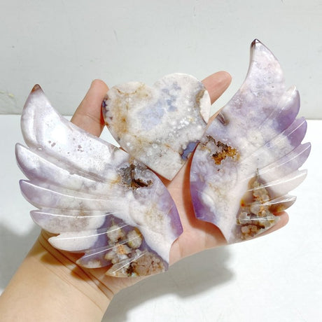 Unique Sakura Flower Agate Heart Wing Carving With Stand - Wholesale Crystals