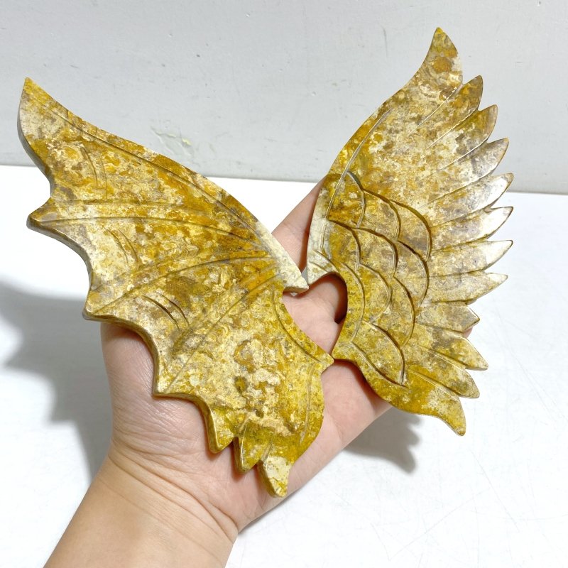 Unique Yellow Ocean Jasper Demon Angel Wing Carving With Stand - Wholesale Crystals