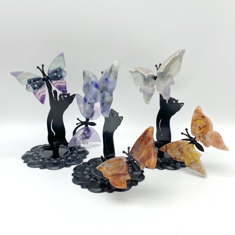 Wholesale Crystal Butterfly Wing Carving with Cat Metal Stand (Mixed Materials) -Wholesale Crystals