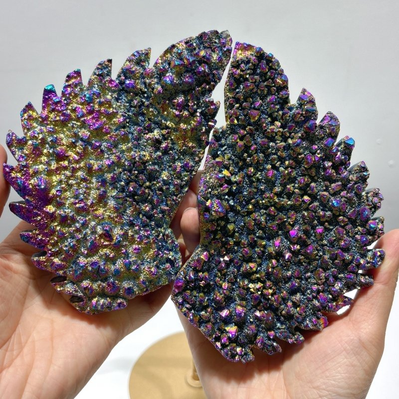 Yellow And Purple Aura Quartz Cluster Angel Wing Carving With Stand - Wholesale Crystals