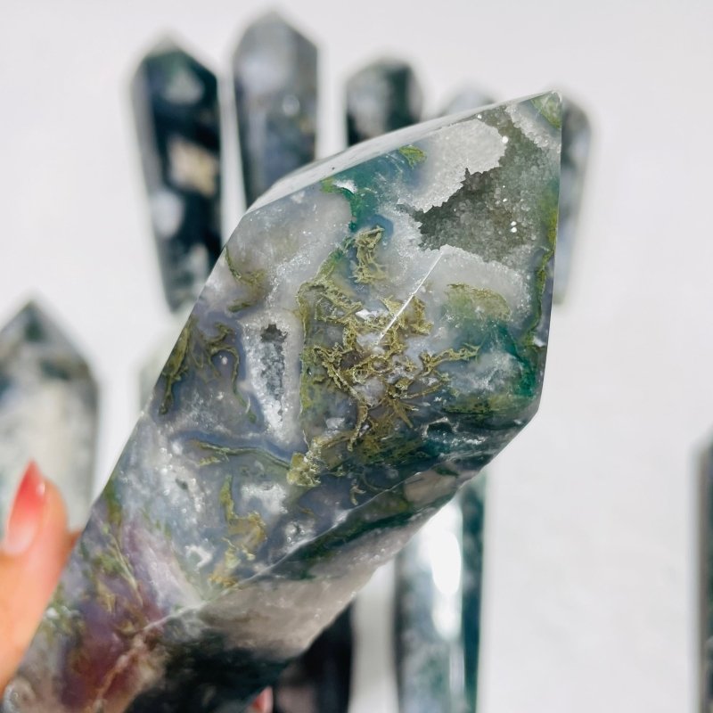 11 Pieces Druzy Moss Agate Geode Wand Points -Wholesale Crystals