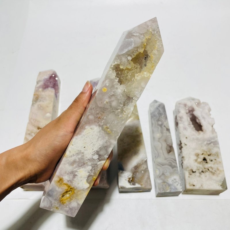 6 Pieces Pink Sakura Flower Agate Geode Four-Sided Points -Wholesale Crystals