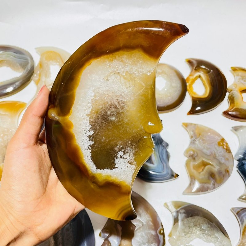 18 Pieces Large Agate Druzy Geode Moon Face Carving -Wholesale Crystals