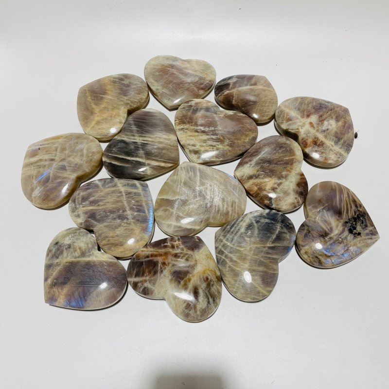 14 Pieces Large Moonstone Mixed Sunstone Heart -Wholesale Crystals