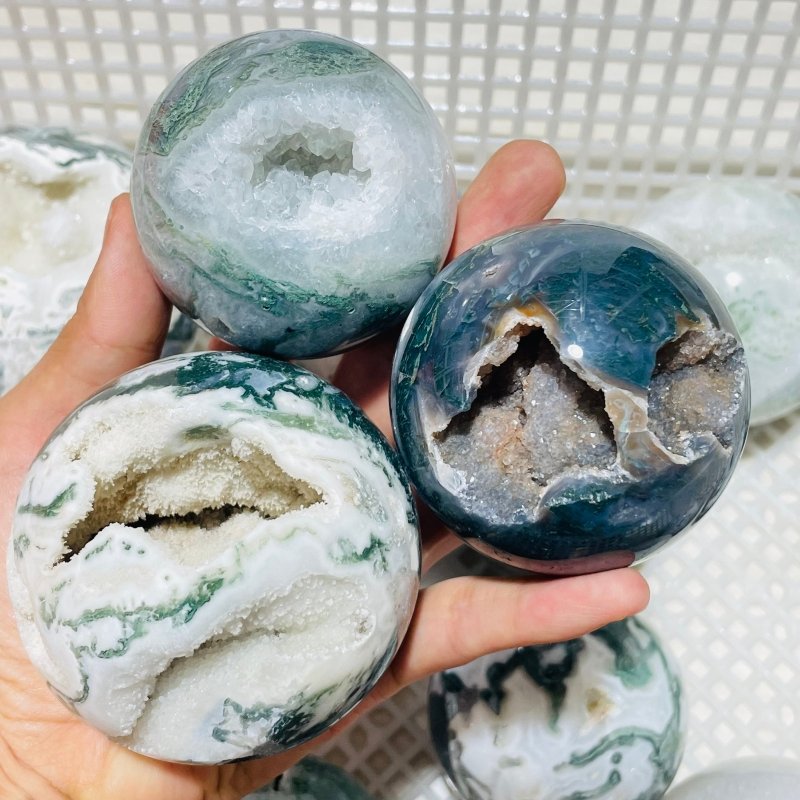 16 Pieces Geode Druzy Moss Agate Spheres -Wholesale Crystals