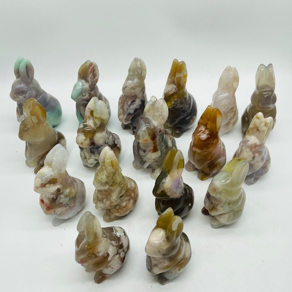 17 Pieces High Quality Sakura Flower Agate Rabbit Carving -Wholesale Crystals