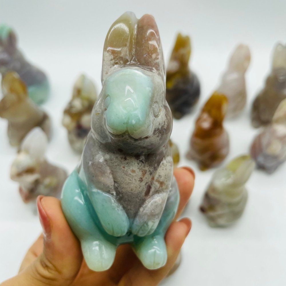 17 Pieces High Quality Sakura Flower Agate Rabbit Carving -Wholesale Crystals