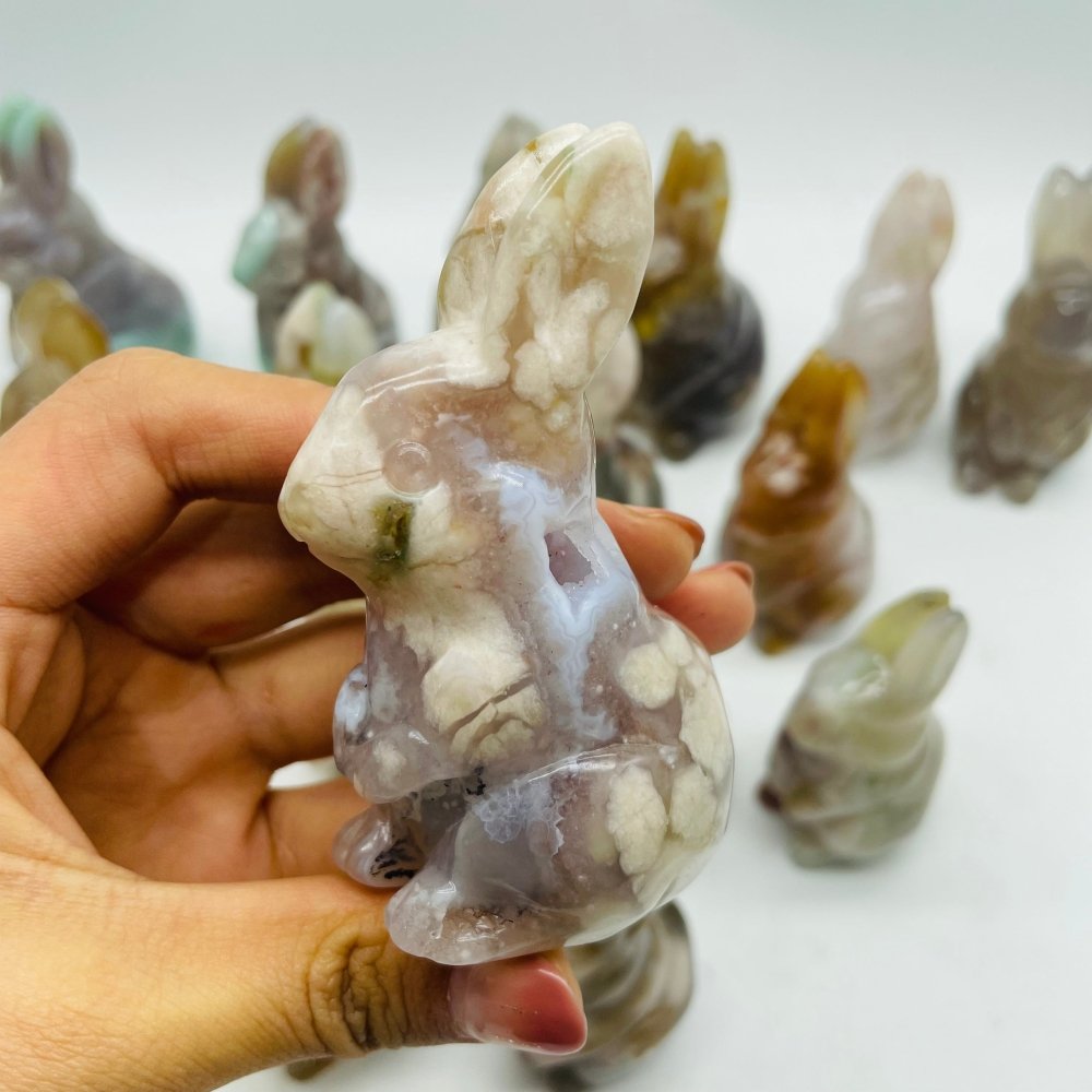 17 Pieces High Quality Sakura Flower Agate Rabbit Carving -Wholesale Crystals