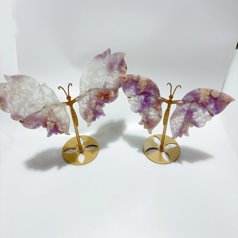2 Pairs Amethyst Mixed Sakura Flower Agate Butterfly Wing Carving With Stand -Wholesale Crystals