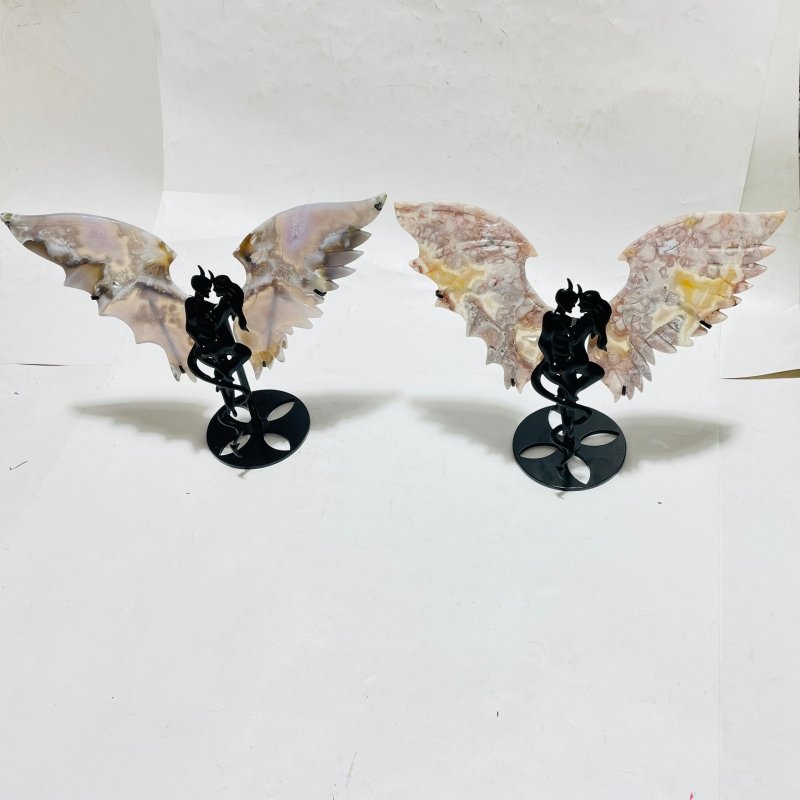 2 Pairs Flower Agate Demon And Angel Wing Carving With Stand -Wholesale Crystals