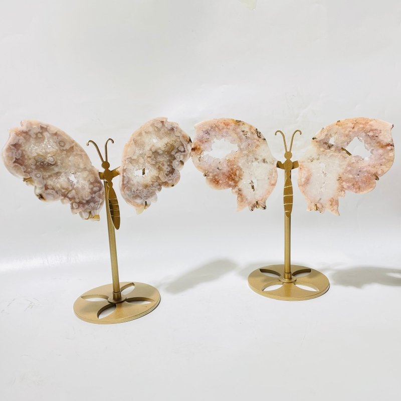 2 Pairs Geode Druzy Pink Sakura Flower Agate Butterfly Wing Carving With Stand -Wholesale Crystals