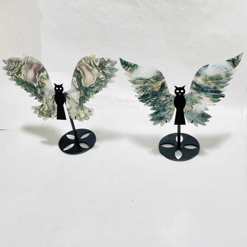 2 Pairs Moss Agate Symmetry Owl Wing Carving With Stand -Wholesale Crystals