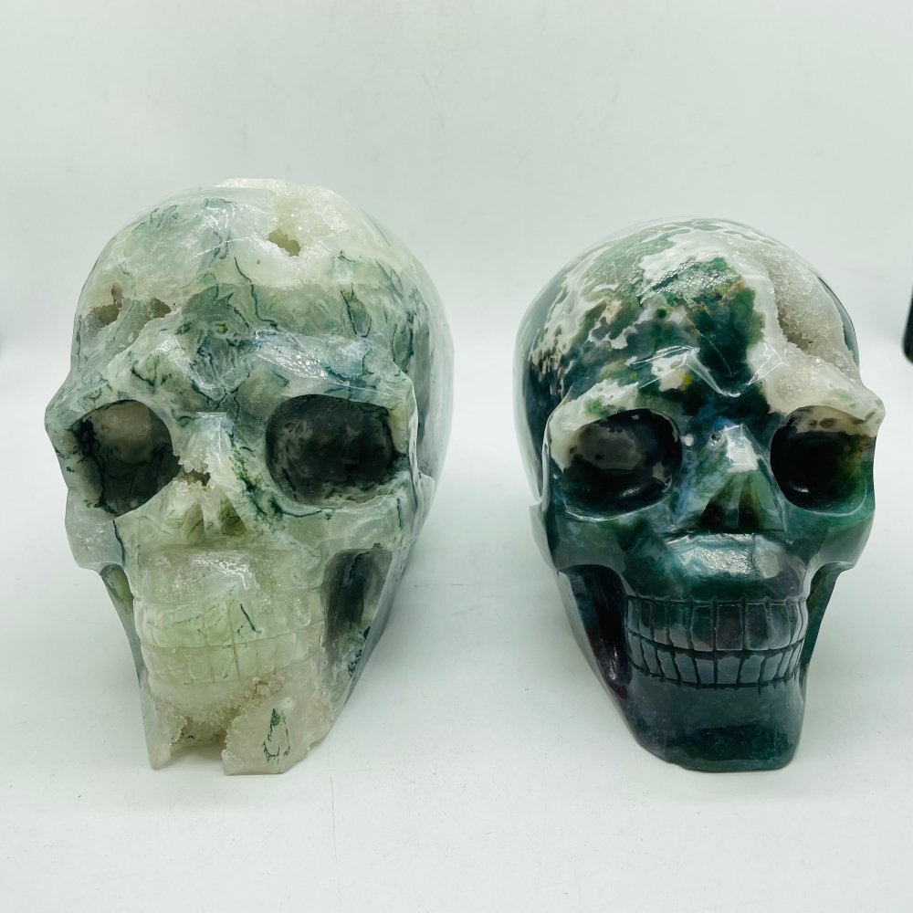 2 Pieces High Quality Large Druzy Moss Agate Skull Carving -Wholesale Crystals