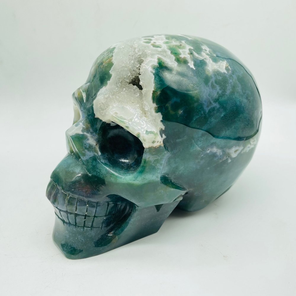 2 Pieces High Quality Large Druzy Moss Agate Skull Carving -Wholesale Crystals