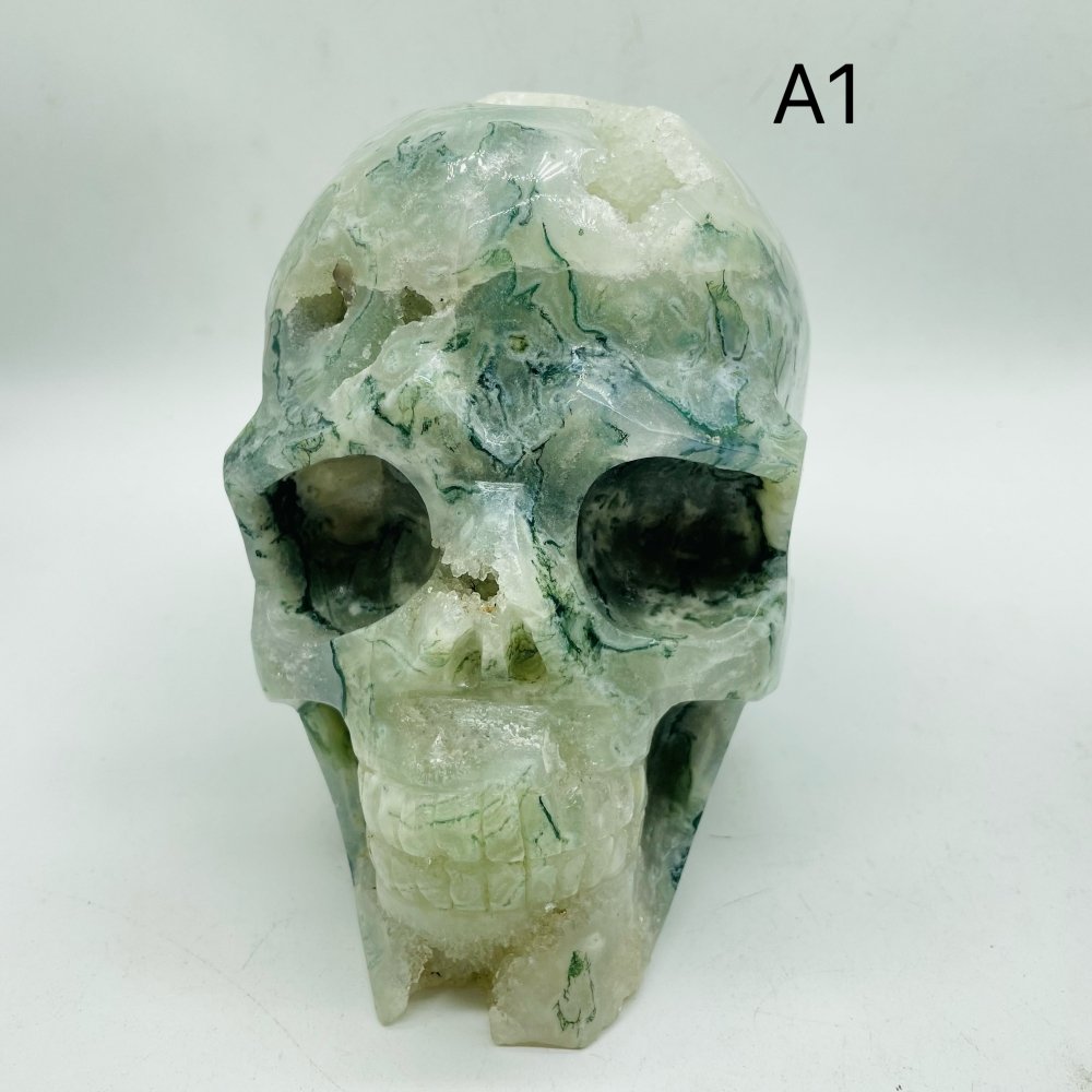 2 Pieces High Quality Large Druzy Moss Agate Skull Carving -Wholesale Crystals