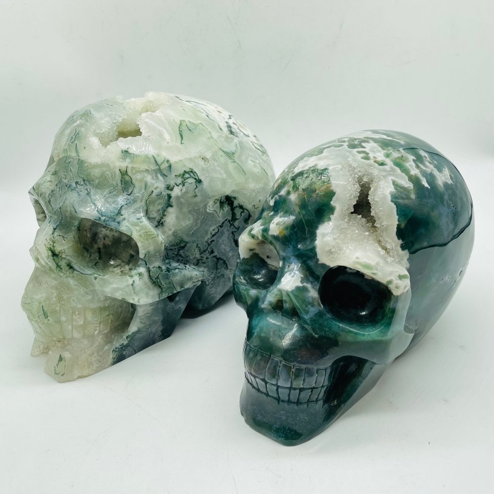 2 Pieces High Quality Large Druzy Moss Agate Skull Carving -Wholesale Crystals