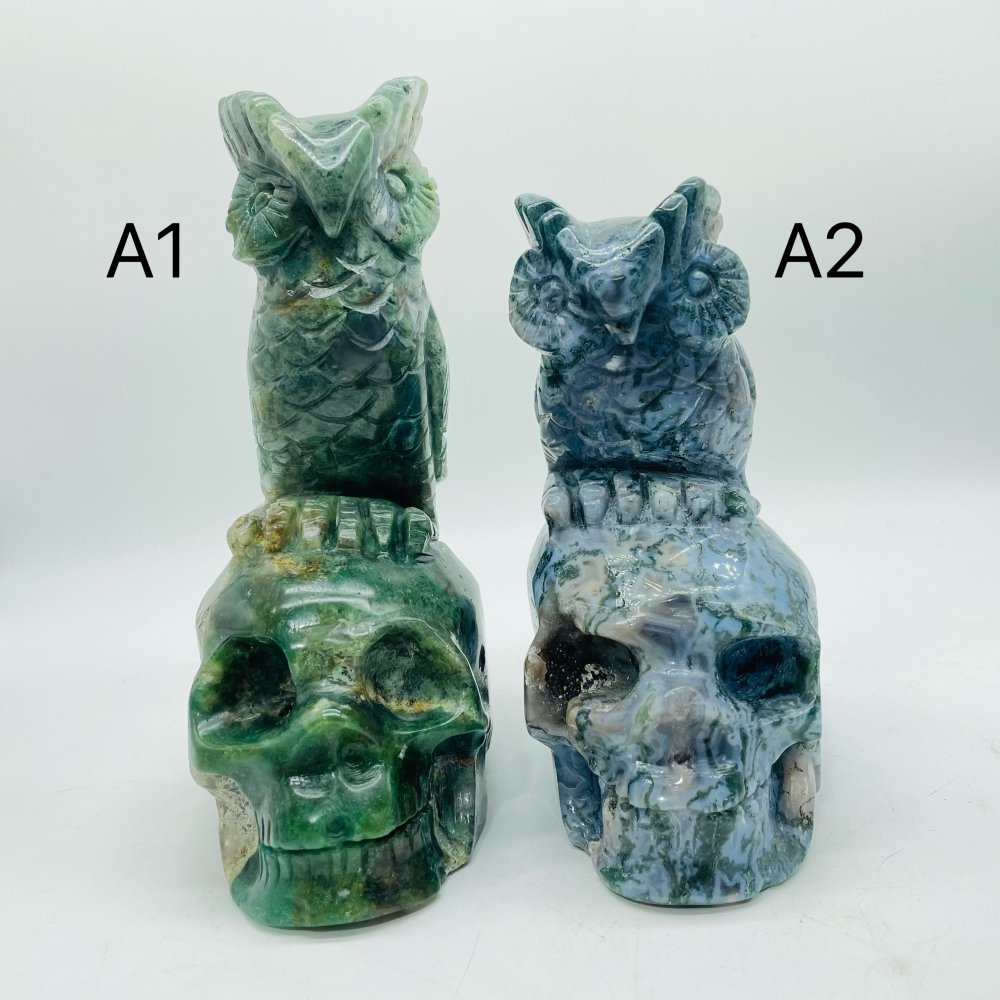 2 Pieces Unique Moss Agate Skull With Owl Carving -Wholesale Crystals