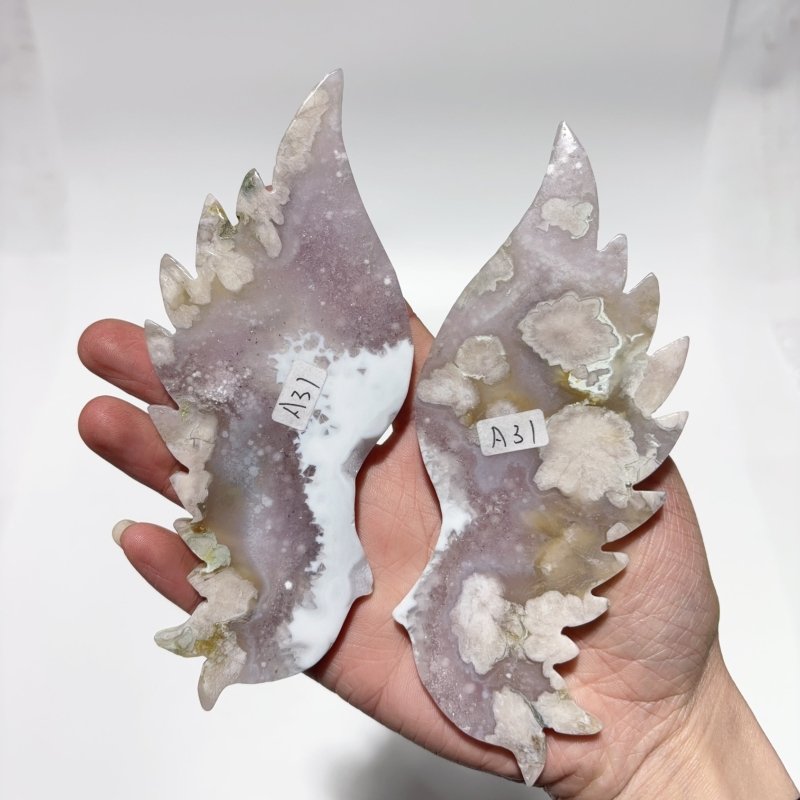 3 Pairs Angel Wing With Stand Rainbow Fluorite Pink Sakura Flower Agate -Wholesale Crystals