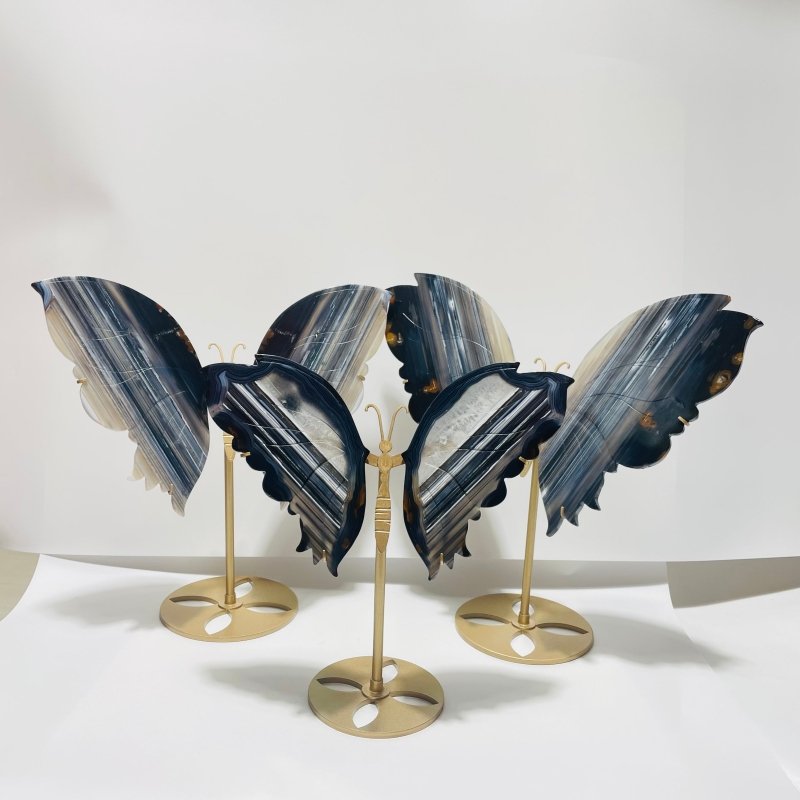 3 Pairs Beautiful Grey Stripe Agate Butterfly Carving With Stand -Wholesale Crystals