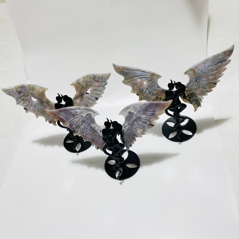 3 Pairs Beautiful Moss Agate Demon And Angel Wing Carving With Stand -Wholesale Crystals