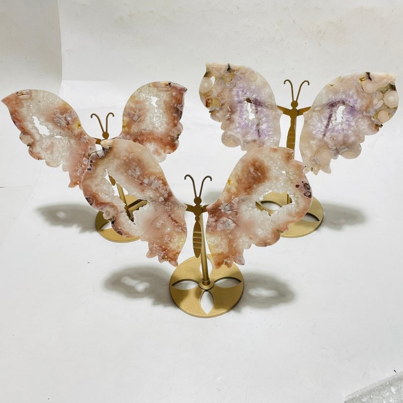 3 Pairs Beautiful Pink Geode Flower Agate Butterfly Wing Carving With Stand -Wholesale Crystals