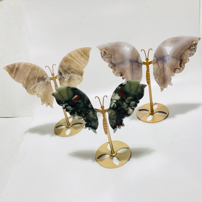 3 Pairs Butterfly Wing Carving With Stand Africa Blood Agate Moonstone -Wholesale Crystals