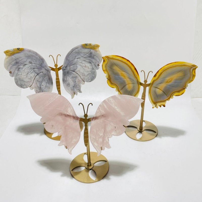 3 Pairs Butterfly Wing Carving With Stand Rose Quartz And Agate -Wholesale Crystals