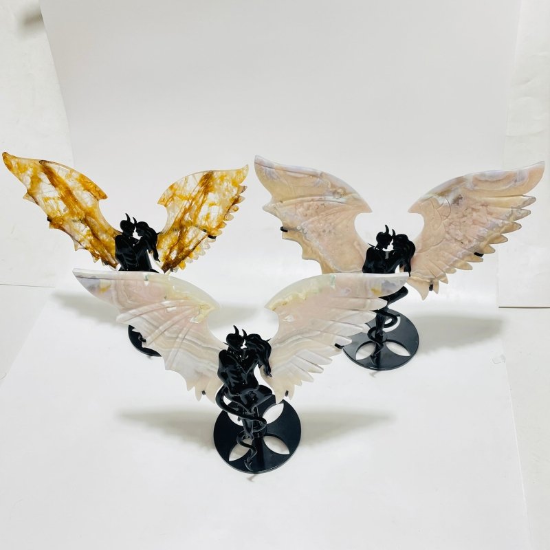 3 Pairs Demon And Angel Wing Carving With Stand Sakura Flower Agate Fire Quartz -Wholesale Crystals