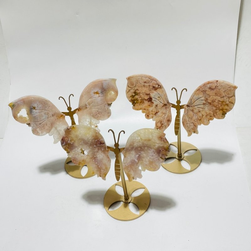3 Pairs Geode Sakura Flower Agate Butterfly Wing Carving With Stand -Wholesale Crystals