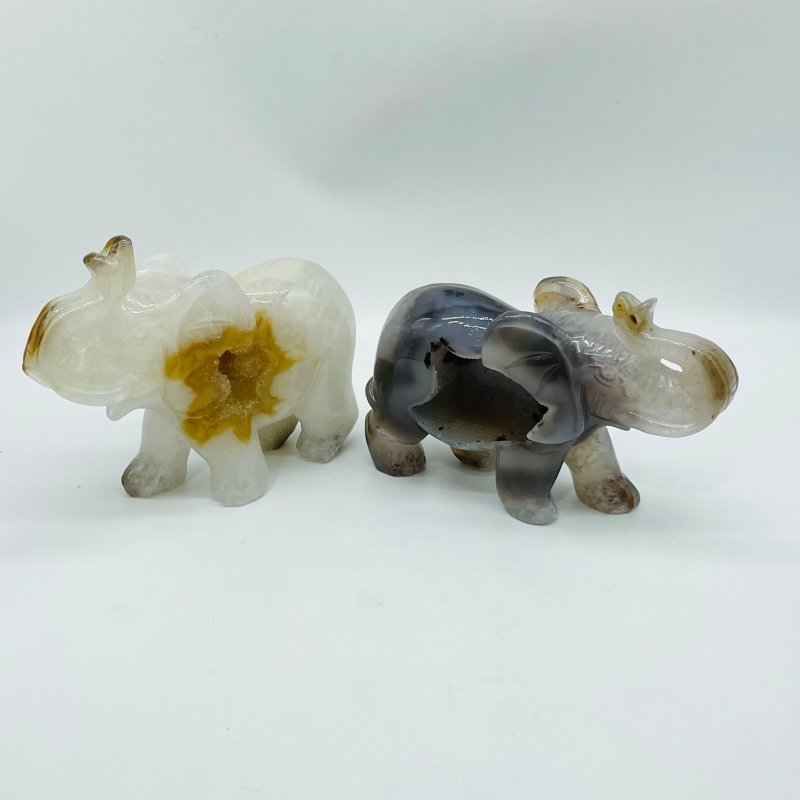 3 Pieces Beautiful Geode Agate Druzy Elephant Carving -Wholesale Crystals