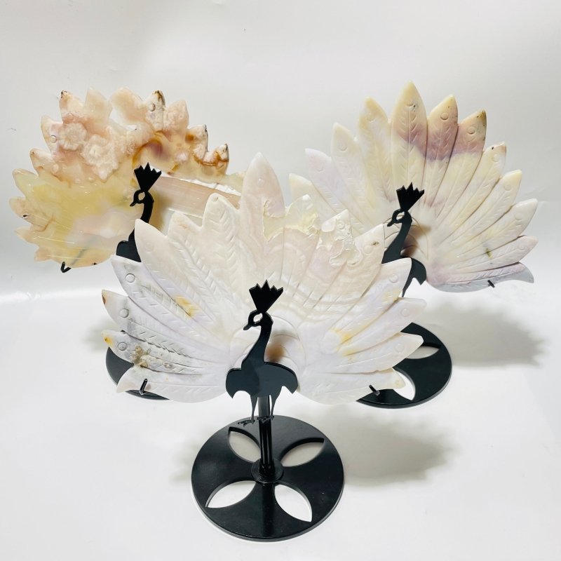 3 Pieces Flower Agate Peacock With Stand Carving -Wholesale Crystals