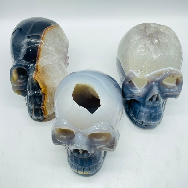 3 Pieces Geode Druzy Agate Skull Crystal Carving - Wholesale Crystals