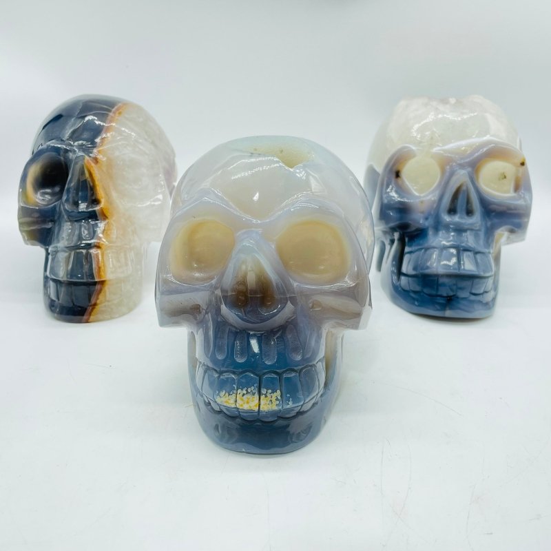 3 Pieces Geode Druzy Agate Skull Crystal Carving -Wholesale Crystals