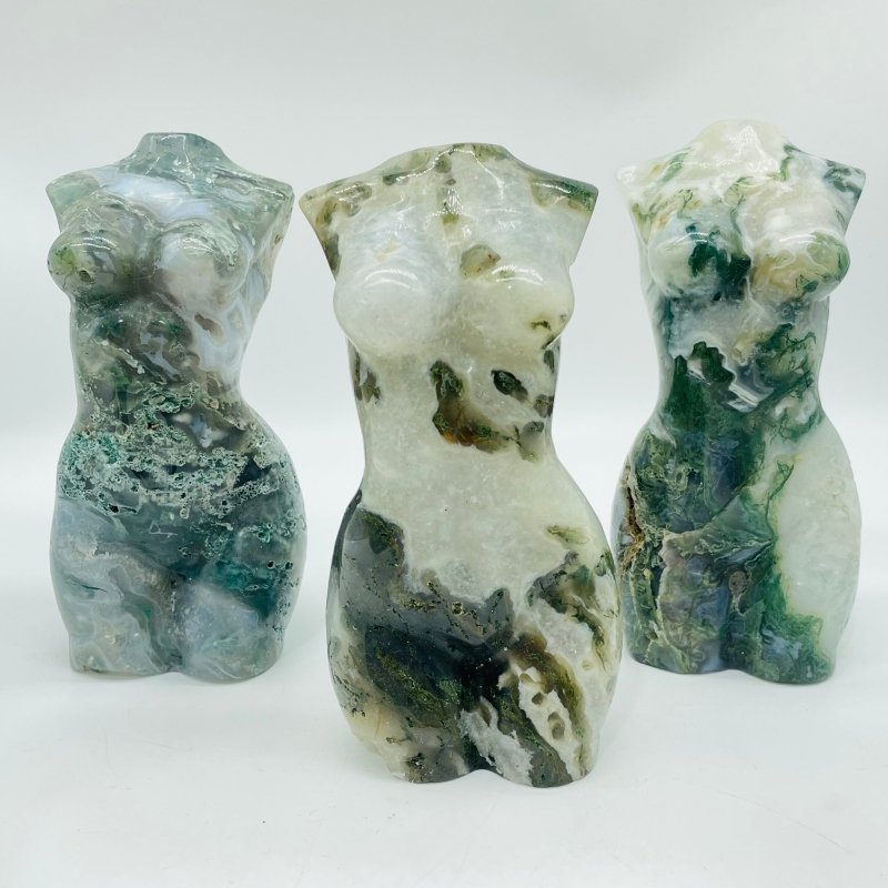 3 Pieces Large Moss Agate Goddess Carving -Wholesale Crystals