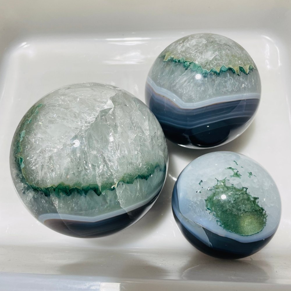 3 Pieces Unique Green Agate Spheres -Wholesale Crystals