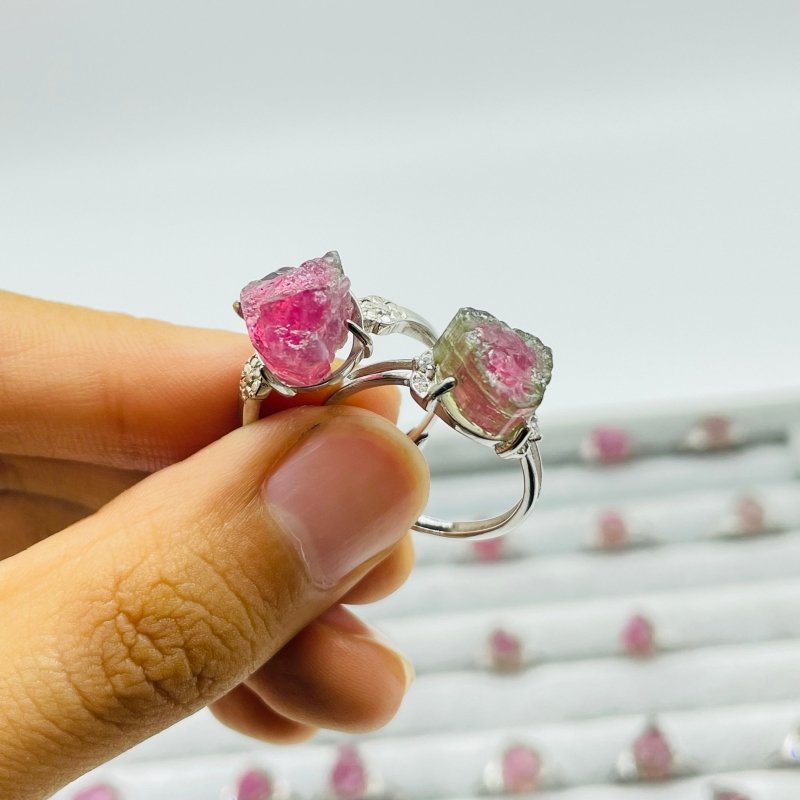32 Pieces S925 Raw Watermelon Tourmaline Different Styles Ring -Wholesale Crystals