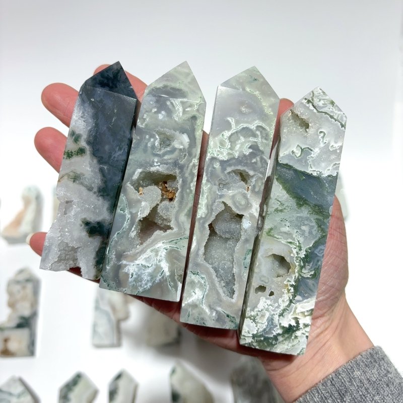 33 Pieces Geode Druzy Moss Agate Tower Points -Wholesale Crystals
