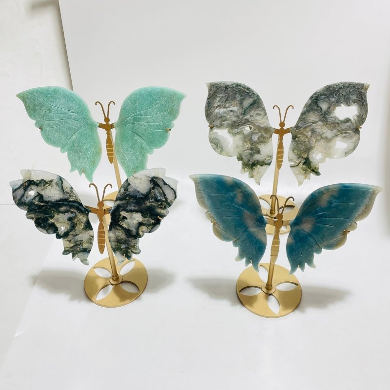 4 Pairs Beautiful Butterfly Carving With Stand Moss Agate Trolleite -Wholesale Crystals