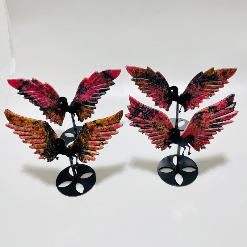 4 Pairs Beautiful Rhodonite Pegasus Wing Carving With Stand -Wholesale Crystals