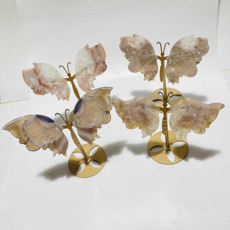 4 Pairs Beautiful Sakura Flower Agate Butterfly Wing Carving With Stand -Wholesale Crystals