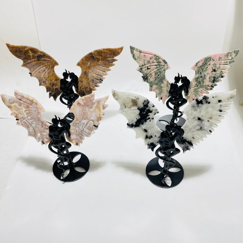 4 Pairs Demon And Angel Wing Carving With Stand Black Sun Stone India Moonstone -Wholesale Crystals