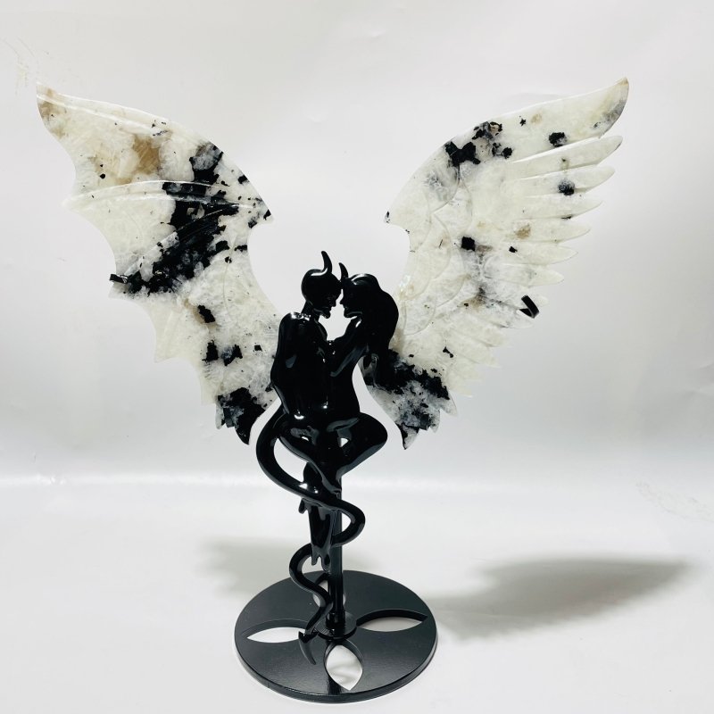 4 Pairs Demon And Angel Wing Carving With Stand Black Sun Stone India Moonstone -Wholesale Crystals