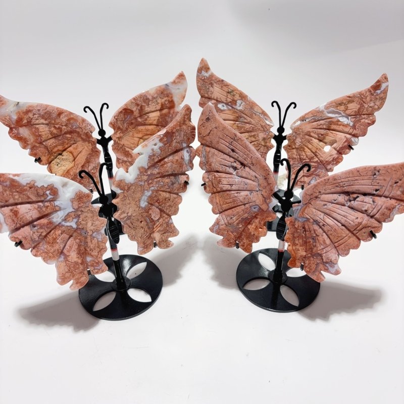 4 Pairs Natural Pink Agate Butterfly Wing Crystal Carving With Stand -Wholesale Crystals