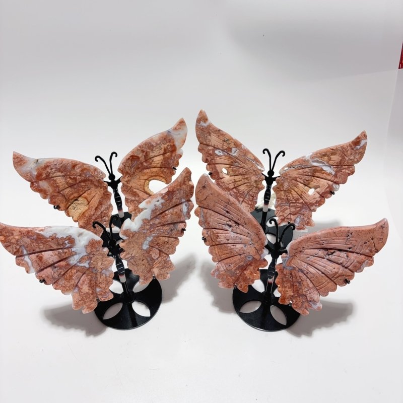 4 Pairs Natural Pink Agate Butterfly Wing Crystal Carving With Stand -Wholesale Crystals