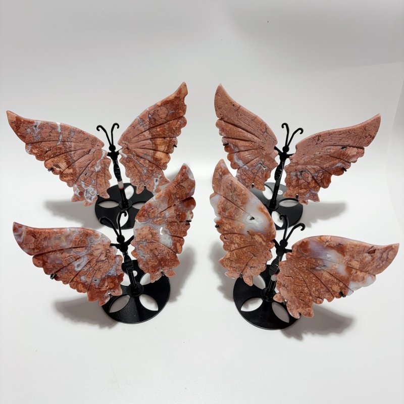 4 Pairs Pink Agate Butterfly Wing Carving With Stand -Wholesale Crystals