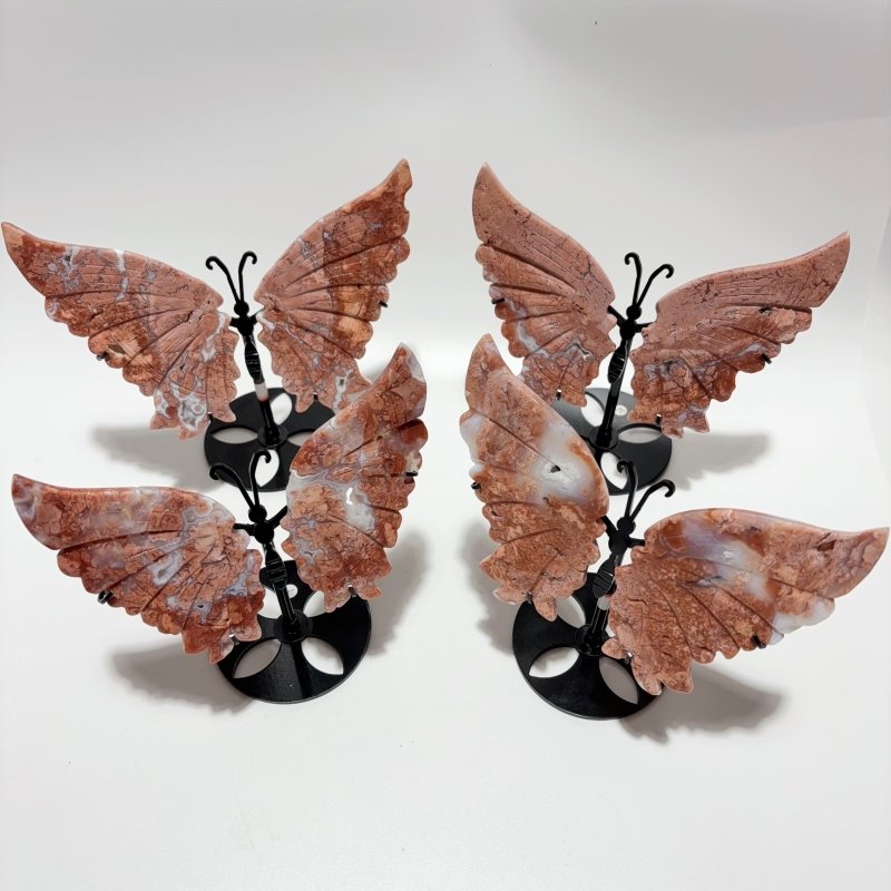 4 Pairs Pink Agate Butterfly Wing Carving With Stand -Wholesale Crystals