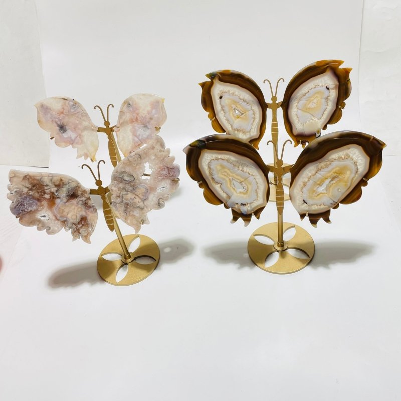 4 Pairs Sakura Flower Agate Butterfly Wing Carving With Stand Stripe Agate -Wholesale Crystals